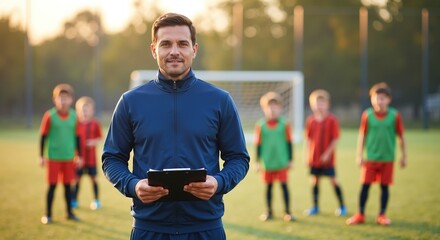 Fototapeta premium Soccer coach with crossed arms standing confidently on field with children training. Athletic instructor teaching kids football skills during group lesson. Sports education concept