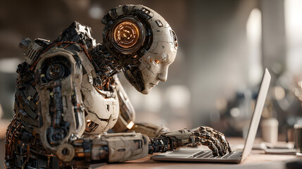 A humanoid AI agent robot helping a human worker with coding at a laptop computer symbolizing agentic autonomy at work and the future of automation in jobs with copilot bots as assistants