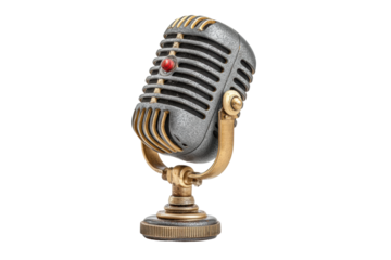PNG Vintage metallic microphone with gold accents on stand
