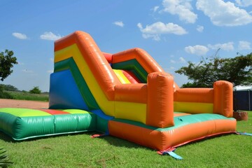 Inflatable bouncy castle slide with landing platform set up outdoors on green grass under beautiful blue summer sky