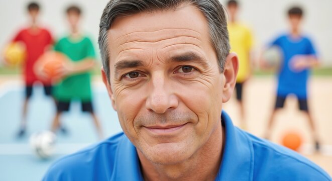 Smiling middle-aged man in blue shirt standing confidently on sports field with players training. Athletic coach instructor leading team practice session. Sports fitness concept - Powered by Adobe