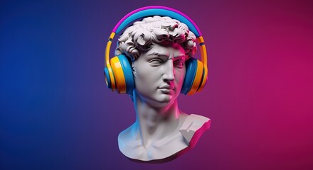 Classical marble statue wearing bright yellow orange headphones on gray background. Ancient greek roman sculpture with modern audio equipment. Art technology fusion concept