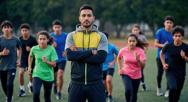 Athletic coach with crossed arms standing confidently on outdoor sports field with diverse team training. Fitness instructor leading group exercise session. Health wellness concept