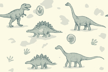 Dinosaur illustrations on a light background showcasing various species interacting in a prehistoric setting