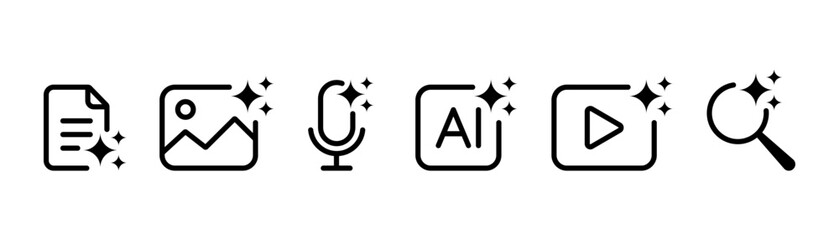Ai generate button set. Create media file image, video, audio, text with artificial intelligence. Generate AI user interface. Artificial intelligence sign.