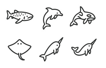 Ocean creatures illustrated in a playful style featuring shark, dolphin, orca, stingray, narwhal, and more near a coral reef