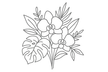 Beautiful hand-drawn orchid and tropical foliage arrangement ideal for coloring enthusiasts and floral art lovers