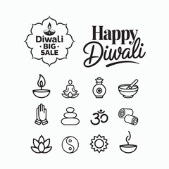 Diwali Festival Icons and Wellness Elements Vector Illustration