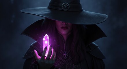 Mysterious hooded figure holding glowing purple crystal in dark atmospheric setting. Magical sorcerer with mystical gem radiating violet light. Fantasy supernatural concept