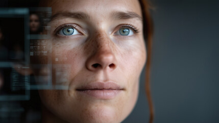 Close up of thoughtful woman with blue eyes and freckles looking at transparent digital interface, reflecting futuristic technology and deep focus on innovation and data analysis