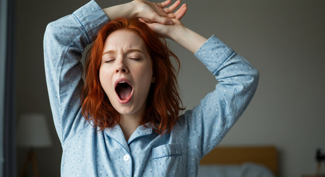 A woman with red hair yawning widely, stretching her arms, likely waking up. - Powered by Adobe