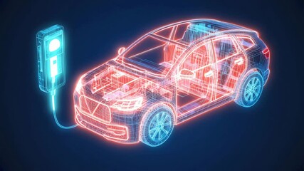 Futuristic Wireframe Electric Car Charging Animation with Glowing Circuit Details and Technology Overlay - Powered by Adobe