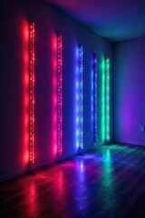 Mesmerizing Rainbow LED Lights Illuminating Dark Room Vibrant Colorful Background for Parties, Abstract Art, and Design Projects