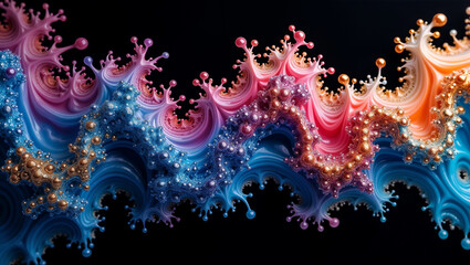 Abstract liquid with swirling vibrant paints mixing in water, flowing organic shapes with high contrast between deep blues, magenta and gold metallic pigments.