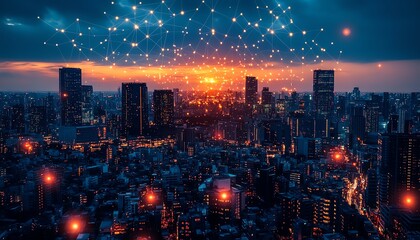 Obraz premium Smart cityscape illuminated by blockchain transactions
