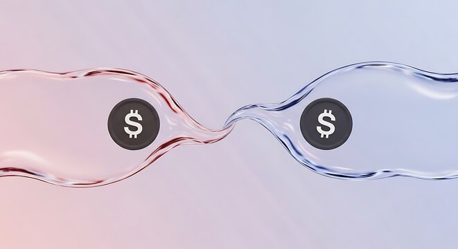 Fluid dollar signs flowing between two points, symbolizing financial transfer or exchange.