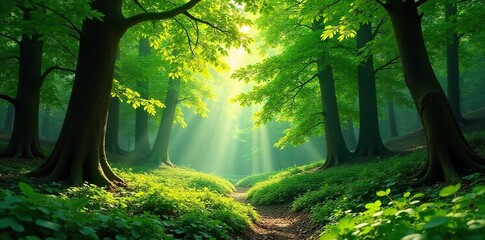 Lush green forest canopy, dappled sunlight filtering through leaves, vibrant foliage, tranquil nature scene Perfect for nature, environmental, and travel themes , ecosystem, vibrant, plants
