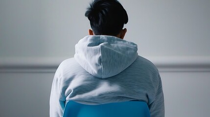 Rear view of a young man seated on a blue chair with gray hoodie contemplating future challenges