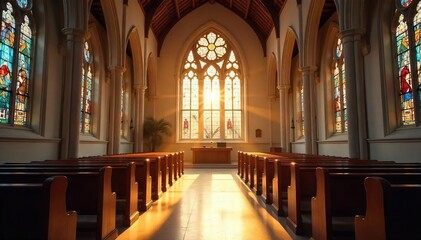 Sunlit Church Interior Peaceful Prayer Area, Stained Glass, Catholic Chapel