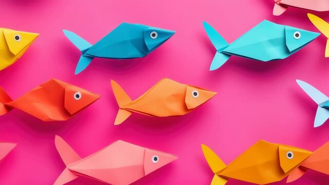 Colorful origami fish swimming on vibrant pink background