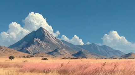 A painting of a desert landscape with mountains in the background