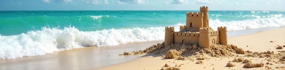 A sandcastle crumbles dramatically into the ocean waves, leaving behind a tiny moat and a comical, lopsided tower Perfect for summer, vacation, and humorous seaside imagery , joke, funny images, sky