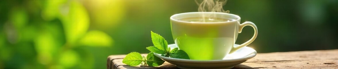 Calming Sunlight Illuminates Steaming Cup of Vibrant Green Tea and Fresh Herbs, Perfect for Health, Wellness, and Relaxation Themes