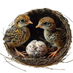 Three cute ducklings are standing in a nest made of straw, isolated on a white background
