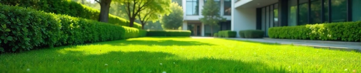 Tranquil Office Lawn Lush Green Grass, Modern Building Backdrop, Ideal for Corporate Real Estate and Environmental Marketing