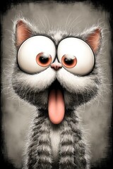 A cartoon cat sticking its tongue out in front of a black background
