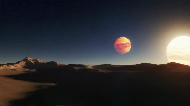 Beautiful alien desert landscape on another planet with giant sun and moon vista. Exploration of exoplanets and cosmic discovery animation.