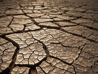 Close-up of cracked, dry earth, detailed texture, arid climate