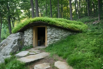 Hidden Eco Sauna with Green Roof – Stone Entry in Forest Landscape