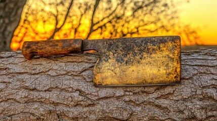 Vintage cleaver resting on wooden log during sunset backdrop