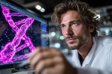 Scientist analyzing genetic data on computer in modern laboratory setting