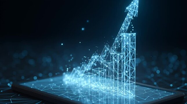 Digital Bar Chart with Rising Arrow Projected from Tablet