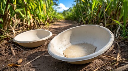 Vintage White Bowls on Earth Path Among Lush Green Plants