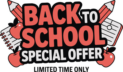 A back to school special offer graphic with pencils apples and notebooks against a light gray backdrop