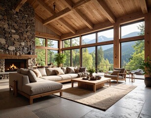 Fototapeta premium Raw Interior Living Room with Stone Flooring and Hemp Sofa