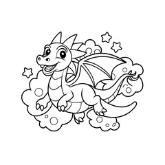 Obraz premium Cheerful Dragon Flying with Clouds and Stars Coloring Page