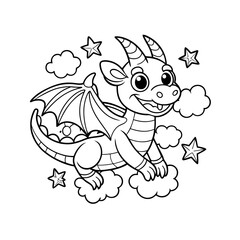 Obraz premium Cheerful Dragon Flying with Clouds and Stars Coloring Page