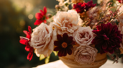 Fototapeta premium Elegant English garden bouquets in vintage vases, adorned with peonies, tulips and roses and other flowers, displayed in manor garden with dappled light and timeless floral grace