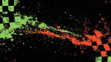 Retro paint splatter with neon green and orange colors on black background, featuring grunge checkerboard pattern and dynamic abstract design with energetic expression