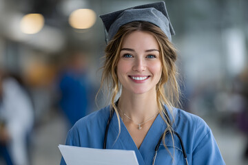 Smiling medical student in scrubs and graduation cap holding diploma in modern bright clinic background, expressing success and achievement concept.