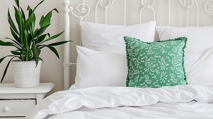 Serene bedroom interior featuring crisp white linens, decorative pillow and potted plant adding a