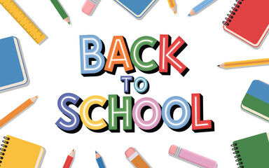 Back to school message surrounded by school supplies like pencils notebooks and erasers on a gray background