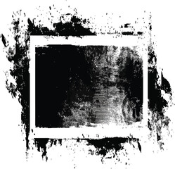 Abstract black paint rectangle frame with brush strokes and splatters on a white background