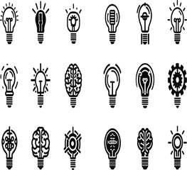 Fototapeta premium A collection of lightbulb and brain icons representing ideas and innovation on a white background