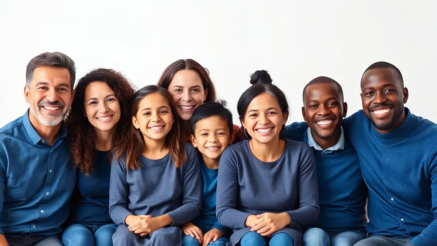 A diverse multigenerational family smiles warmly for a portrait against a white background. - Powered by Adobe