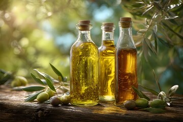 A bottle of olive oil with olives and leaves Elegant olive oil bottles with olives and leaves on a wooden table 